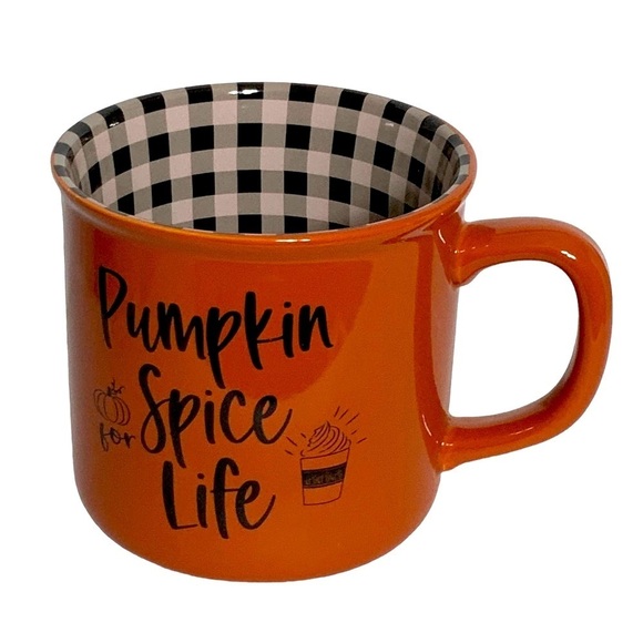 Autumn Pumpkin Spice Mug Harvest Orange Gingham Plaid Check Novelty Quote - Picture 1 of 12